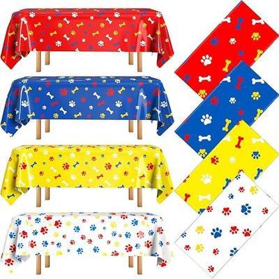 Dunzoom 4 Pack Puppy Dog Pet Paw Print Plastic Tablecloth 54 x 108 Inches Dark Blue Yellow Red Table Cover Paw Print Disposable Rectangle Table Cover for Pet Blue Dog Birthday Party Supplies