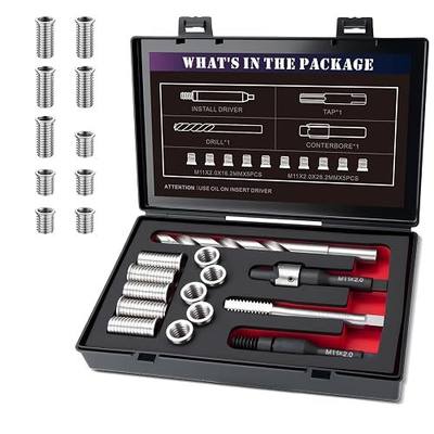 M11X2.0 Metric Thread Repair Kit with Insert HSS Drill, Tap, Installation Driver, Counterbore, Two Sizes Stainless Steel Insert 5PCS 16.2MM and 5PCS 28.2MM