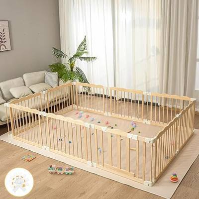 Wooden Baby Playpen 69x103 Inch Foldable Toddler Fence with Safety Lock | HUTOCADA Extra Large Natural Wood Foldable Baby Playpen for Babies and Toddlers 10 Panels
