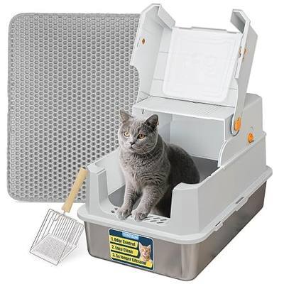TENTIZON Stainless Steel Cat Litter Box with Lid, Large Covered Enclosed Kitty Litterbox with Hood, Flip Top, High Side, Litter Mat, Scoop for Big Cats, Kitten, No Odor, No Mess, Easy Clean, Grey
