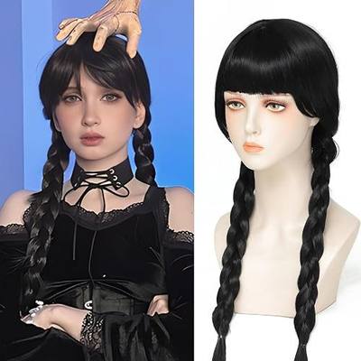 Rose bud Wednesday Addams Cosplay Wig Long Hair Heat Resistant Adjustable Fit 23 Inches Double Braided Black Wigs With Bangs for Halloween Cosplay