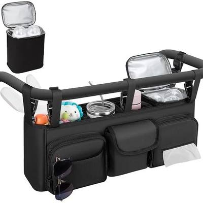 GDNasist Double Stroller Organizer Compatible with Bob Duallie and Baby Jogger City Mini GT2, Double Baby Stroller Accessories with Cooler Bag, Parent Console Double Jogging Stroller Caddy, Black