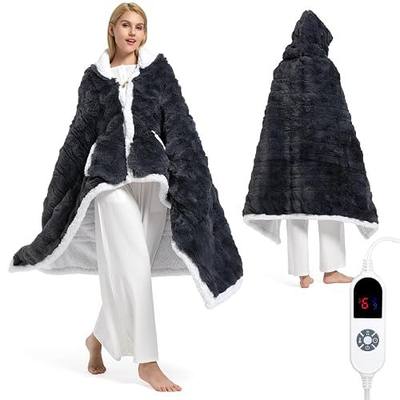 Wearable Heated Blanket Hoodie, Luxury Faux Fur & Sherpa Electric Throw Blanket, Heated Shawl Wraps Poncho with Pockets for Women Men, 3 Heat Levels & 12H Timer, ETL & FCC Certified, 40"x70",Dark Grey