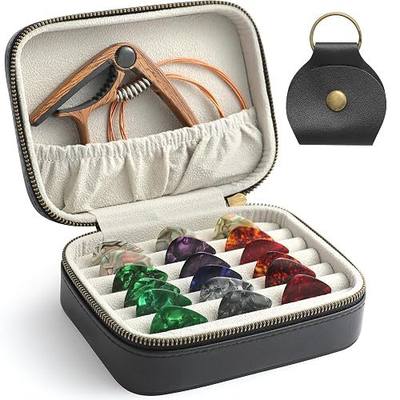 Genuine Leather Guitar Pick Case Holder Box, Acoustic Electric Guitar Accessories Gift for Guitar Player (Black)