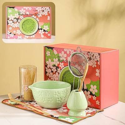 8-Piece Matcha Ceremony Set - Tea Kit with Cherry Blossom Bowl, Bamboo Whisk, Wood Scoops, Tea Cloth & Floral Display - Gift-Ready Pink Cherry color box (green)