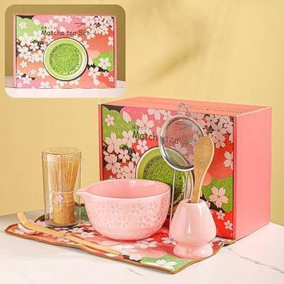 8-Piece Matcha Ceremony Set - Tea Kit with Cherry Blossom Bowl, Bamboo Whisk, Wood Scoops, Tea Cloth & Floral Display - Gift-Ready Pink Cherry color box (pink)