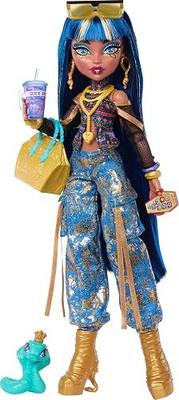 Monster High Cleo De Nile Doll with Pet Cobra | Mummy in Crop Top and Golden Denim Cargo Pants with Pet Snake Hissette and 7 Accessories like Salad, Smoothie and Purse