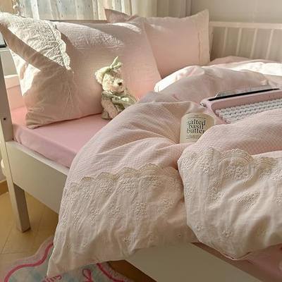 LifeTB Pink Gingham Duvet Cover Twin XL 3 Pieces Romantic Lace Duvet Cover Pink Plaid Checkered Comforter Cover with 2 Pillowcases Soft Breathable Microfiber Grid Farmhouse Plaid Bedding Set