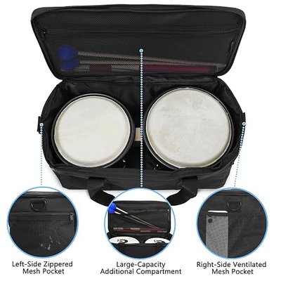 Bongo Drum Bag — Standard Size — 3 Extra Pockets for Accessories, Removable Padded Shoulder Strap, Heavy-Duty Padded Case (Black)