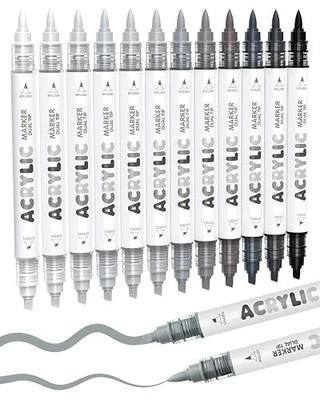 Guangna 12 Grey Dual Tip Acrylic Paint Markers, Brush Tip & Chisel Tip Acrylic Paint Pens for Rock, Wood, Glass, Paper, Coloring Book, Ceramic, Canvas, Water-Based Ink