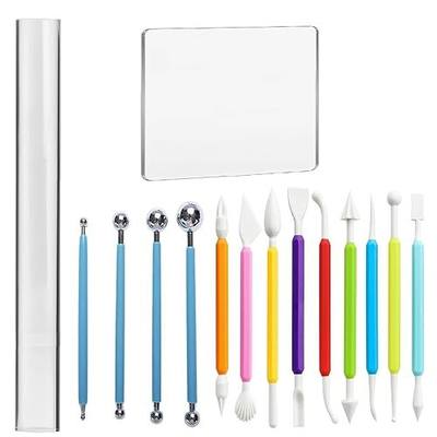 Basic Polymer Clay Tools, Clay Sculpting Tools Acrylic Roller Pin, Clear Rectangle Sheet Press Board, Double-Ended Pottery Carving Set for Beginner (15)