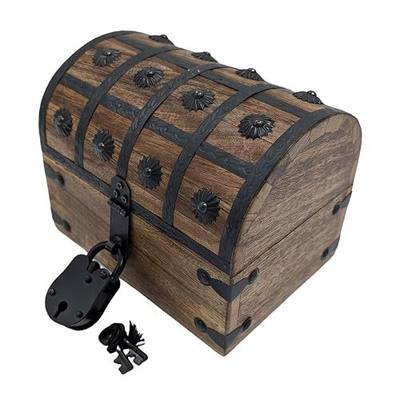 Handmade Pirate Treasure Chest - Wooden Storage Box with Iron Lock & Skeleton Key - Rustic Decorative Jewelry (Small 8 x 6 x 6.5)