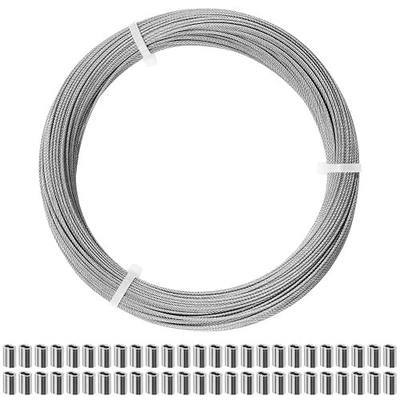 Stainless Steel Wire Rope - 100FT 1/16" Aircraft Cable with 50Pcs Crimping Sleeves for Outdoor Hanging String Lights Garden Trellis Clothesline DIY Projects