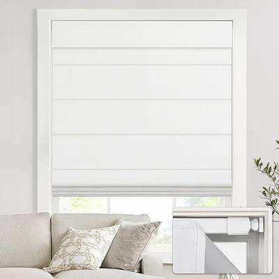 UNISHADES no Drill Cordless Roman Shades for Windows, 34" W × 64" H - 100% Blackout - Linen - Mist White