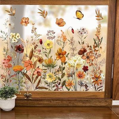 Whaline 6 Sheets Fall Vintage Wildflower Window Clings Brown Wild Floral Reusable Window Decals for Autumn Thanksgiving Party Supplies Home Classroom Office Decor