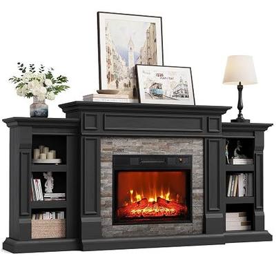 Naice 72" Electric Fireplace with Mantel and Cabinets, Fireplace TV Stand for Living Room Bedroom, Stacked Stone Surround and 23in Realistic 3D Flame Insert Heater, Black