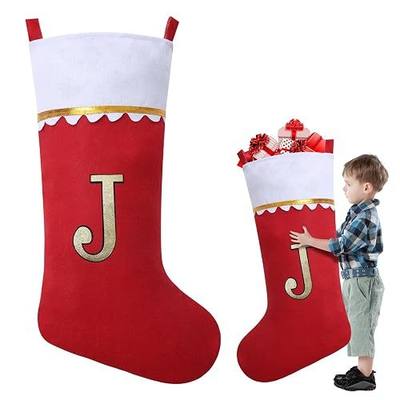 38 Inches Felt Applique Christmas Stockings, Giant Personalized Monogrammed Xmas Stockings, Jumbo Red Felt with Gold Trim Xmas Stocking for Xmas Tree Fireplace Hanging Decor Holiday Party Decorations