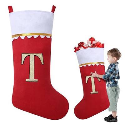 38 Inch Felt Applique Christmas Stockings Giant Personalized Xmas Stockings | Jumbo Red Felt with Gold Trim Monogrammed Xmas Stocking for Xmas Tree Fireplace Hanging Decor Holiday Party Decorations