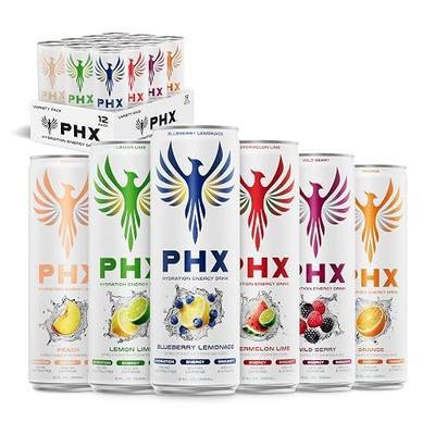 PHX Hydration Energy Drink - 700mg Electrolytes, 200mg Natural Green Tea Caffeine, 100% Daily Value 8 Essential Vitamins - 12 oz Cans (12 Pack, Variety Pack)