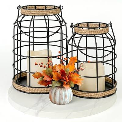 Rustic Farmhouse Decorative Lantern Set of 2, Boho Lanterns with LED Candles, Modern Farmhouse Indoor Outdoor Decor for Living Room Patio Porch Fireplace Kitchen Dining Table Centerpiece