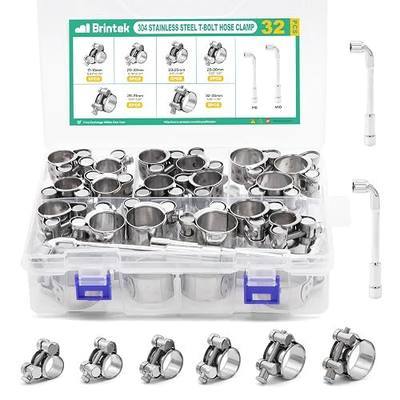 T-bolt Hose Clamps - 32PCS 17-35mm Stainless Steel Hose Clamp Assortment 6-Sizes Heavy Duty Adjustable Tube Clamps with M8 and M10 Socket Wrenches