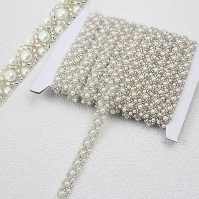 PEARLY JUN 2 Yards Pearl Beaded Trim Bead Lace Border White Edge Ribbon Strips for Sewing Wedding Dress Applique Bridal Straps Embellishments Decoration (White White, 2 Yards)
