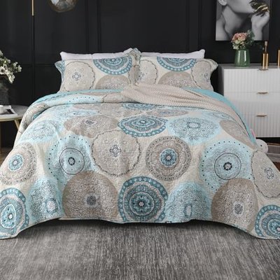 WINLIFE 100% Cotton Patchwork Quilt Set King Green Floral Farmhouse Bedding