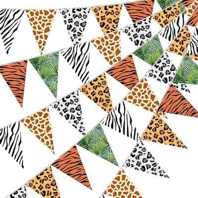 Tiamon 5 Pcs Jungle Zoo Animal Print Decoration Safari Birthday Banner Wild Animal Print Pennant Bunting 49.2 Ft Triangle Flag for Bulletin Board Classroom Decoration Safari Two Wild One Party Supply