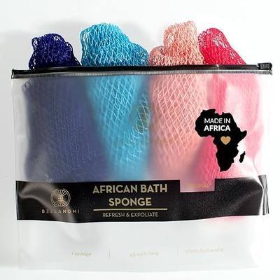 BELLANOMI 4 Piece African Exfoliating Net Sponge Long African Bath Sponge, Authentic Ethically Sourced from Nigeria, Great for Daily Use (Navy Blue, Baby Blue, Blush, Pink)
