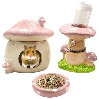 Mushroom Ceramic Hamster Hideout, Water Bottle with Stand, Food Bowl, Hamster Accessories (Pink)