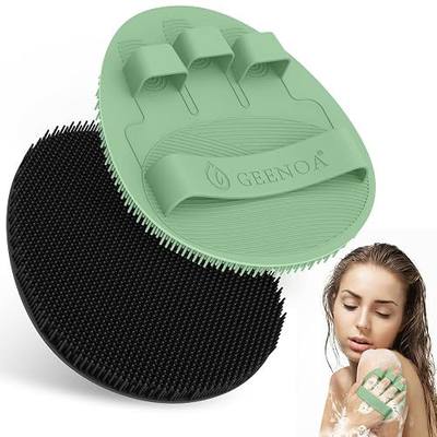 New Silicone Shower Scrubber with Straps, 360° Anti-Slip & Enlarged Body Scrubber for Rich Foaming Deep Cleaning, Revolutionary No-Grip & Hand-fit Bath Glove for All Skin Types(Black+Green)