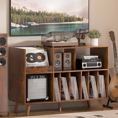 LELELINKY Large Record Player Stand Holds Up to 450 Albums | Brown Turntable Stand with Storage Holds Up to 450 Albums, Vinyl Record Holder, Record Table for Music Living Room