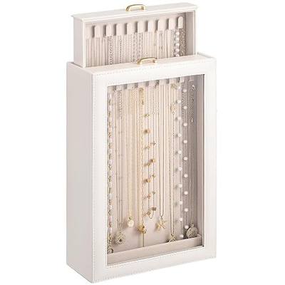 Lolalet Necklace Organizer Box, Jewelry Storage Box with Clear Window for Necklaces Bracelets, Tangle-Free Necklace Display Case for Women Girls, White, 2 Layers 20 Hooks