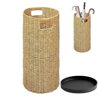 Rattan Umbrella Holder 21" H X 10" D, Handmade Wicker Umbrella Stand Indoor with Dip Tray, Sturdy Umbrella Holders for Entryway, Umbrella Bucket Fits Mudroom,Walking Canes,Home,Office (Oak)