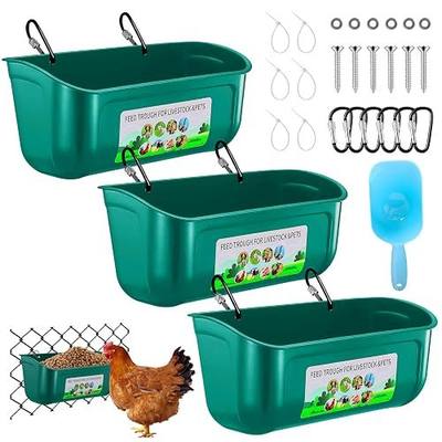3 Pack Chicken Feeder, Duck Feeder Supplies, Hanging Fence Feed Trough with Clips for Goat, Sheeple, Piglet, Gooses, Turkeys, Dog Livestock Poultry, 8 Quarts in Total, Feed Scoop Included, Green