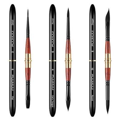 Dual Tip Travel Watercolor Brushes, Fuumuui 3pcs Synthetic Squirrel Hair Set of 6 Versatile Tips with Leather Pouch Perfect for Watercolor Gouache Ink Painting
