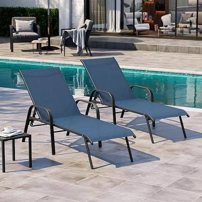 Chaise Lounge Outdoor, Aluminum Pool Lounge Chairs Set of 2 (Navy Blue) | 5-Position Adjustable Backrest with Armrests, Rust-Resistant Aluminum Frame & All Weather Textilene Fabric for Patio, Beach