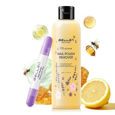 Gellen Nail Polish Remover Set 280ml Lemon Honey with Remover Pen | Acetone-free nail polish remover with aloe & vitamin E, 3 replacement tips, and non-drying care for regular nail polish