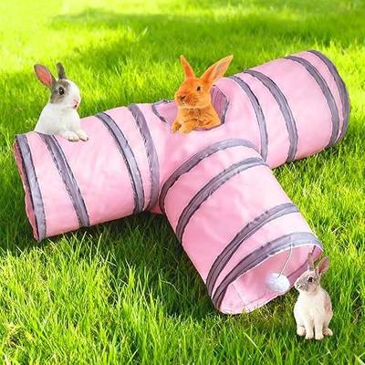 Rabbit Tunnels & Tubes Collapsible 3 Way Pink Grey, Play Tunnel Tube Toy with Hanging Ball for Kitten, Puppy, Bunny, Ferret, Interactive Toys for Fun Playtime & Exercise
