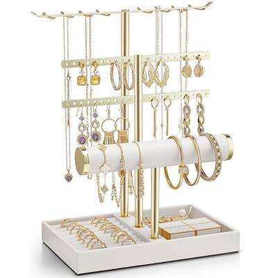 VLANDO 3 Tier Jewelry Stand Organizer with Tary, Leather Jewelry Holder Display for Women, Gold Jewlery Holder Display for Necklace, Earring, Bracelet, Rings - White