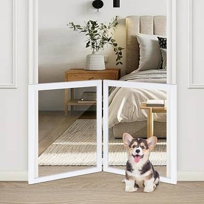 LZRS Clear Dog Gate for Indoor Use - Transparent Pet Fence with Solid Hardwood and Plastic Board, Stylish & Durable freestanding Pet Gate for Doorways, Stairs and Hallways-2 Panel White