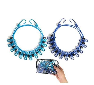 2 Pack Retractable Portable Clothesline, Windproof Clothes Line for Outdoor Camping, Travel, Laundry Drying with 12 Clips for Cruise, Hotel & Home-Sapphire Blue & Sky Blue