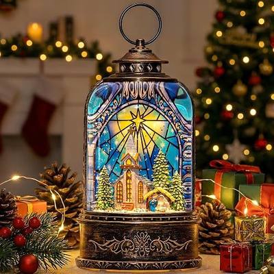 Musical Snow Globe Lantern Lighted Church with Nativity Scene Water Lantern in Swirling Glitter Christmas Home Decoration and Gift, Battery Operated or USB Powered