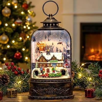Snow Globe Lantern Lighted Train Station Musical Christmas Village Water Lantern in Swirling Glitter Decoration for Christmas Home, Living Room, Battery Operated or USB Powered