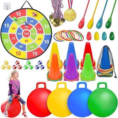 LINAYE Carnival Games Combo Set Outdoor Activities, Field Day Lawn Yard Family Reunion Fall Festival Games Hopper Balls Dart Board for Kids Ring Toss Egg and Spoon for Kids Birthday Party