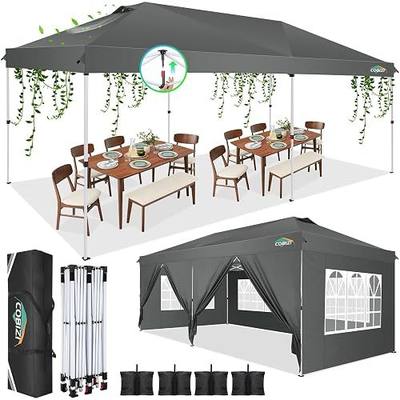 COBIZI 10x20 Pop Up Canopy Tent with One Push, 6 Removable Sidewalls | Grey Air Vent, Waterproof UV50+ Commercial, Includes 4 Sandbags, Stakes & Ropes; Ideal for Parties, Weddings & Backyard