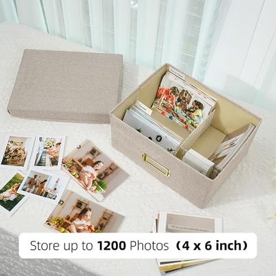 Photo Storage Organizer, Sturdy Linen Photo Box with 4 Dividers, 6 Divider Cards and 2 Label Stickers, Stylish Storage Box for Storing Photos, Birthday Cards, Keepsake, Postcard, Beige
