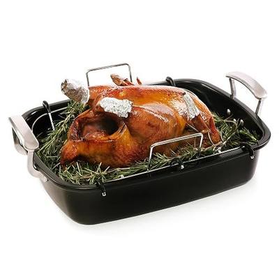 Uukrave Turkey Roasting Pan with Rack (U-Shaped), Extra Large 18.5 x 14.6 Inch Nonstick Roaster Pan for 25 lb Turkey or Chicken, Deep Oven Tray with Wide Handles, Heavy Duty Steel, Nontoxic