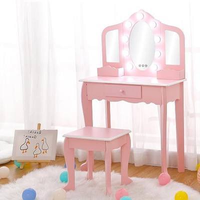 Garvee Kids Vanity with Tri-Fold Lighted Mirror, Stool, & Makeup Playset | Little Girls Vanity Table & Stool, Kids Makeup with Tri-Fold Mirror, Drawer & Storage Grid for 3-9 Yrs Girls, Pink