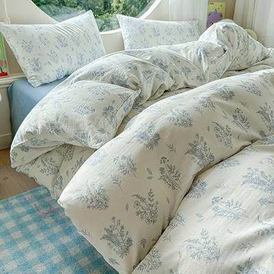 HighBuy Muslin Duvet Cover Twin Size Blue Floral Linen Feel Cotton Breathable Summer Comforter Cover 3 Piece Textured Gauze Bedding Set for Teen College,Muslin Cotton Soft,Shabby Chic